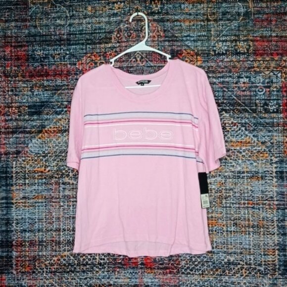 bebe sport womens pink stripe logo boxy tee XL NWT - Picture 1 of 4